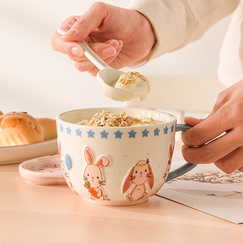 兔子马克杯陶瓷家用高颜值水杯咖啡牛奶杯大口径早餐杯燕麦杯杯子