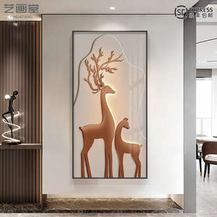 轻奢大气麋鹿入户走廊过道挂画现代简约竖版高档晶瓷画玄关装饰画