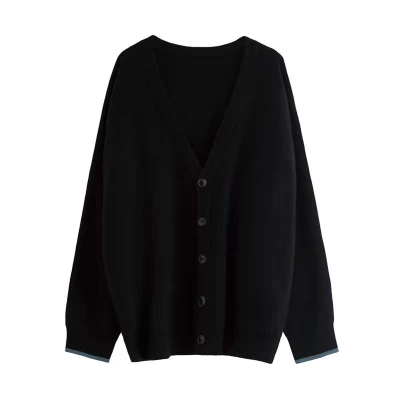 2021年新款早秋装黑色开衫慵懒风毛衣外套秋冬宽松外穿针织衫女装