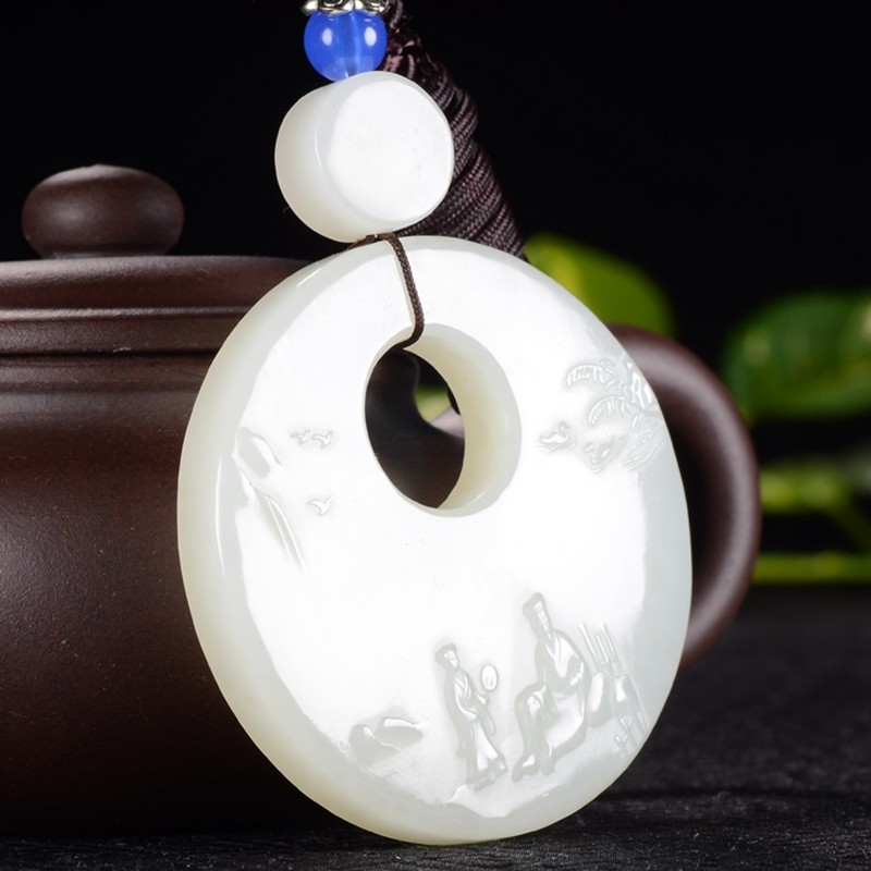 和田玉圆形玉牌【山水人家】挂件 重62.06克