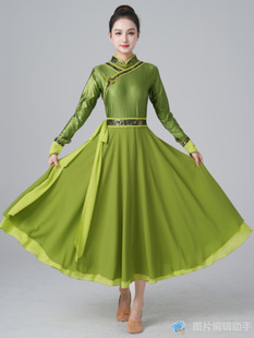蒙古族舞蹈服装成人演出服民族舞套装女艺考练习裙绿色上衣裙子