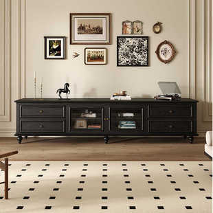 美式复古实木电视柜卧室客厅家用中古风轻奢高级感黑色高款落地柜