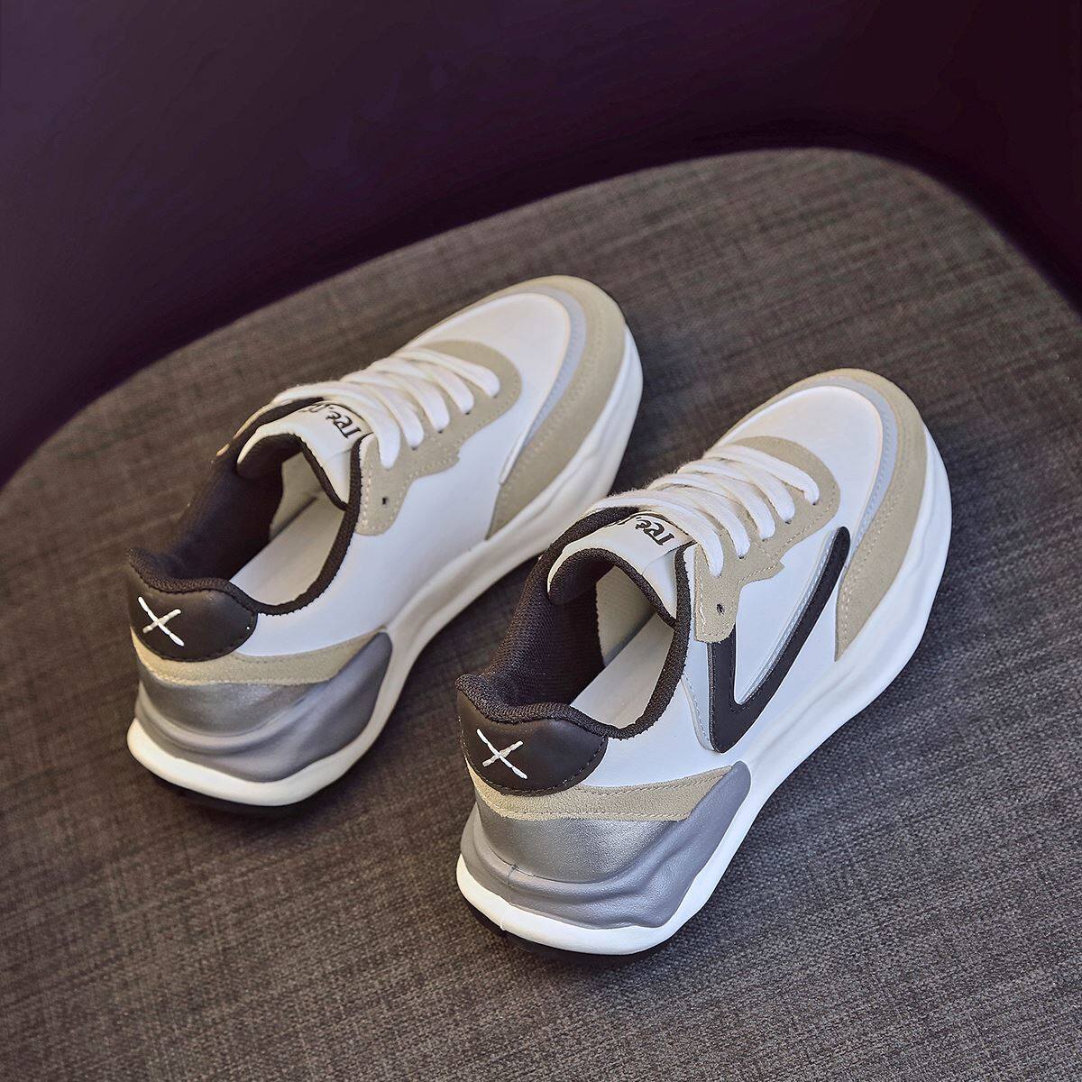 韩国杏色老爹鞋女2022春秋新款休闲运动德训华夫厚底阿甘鞋加绒冬