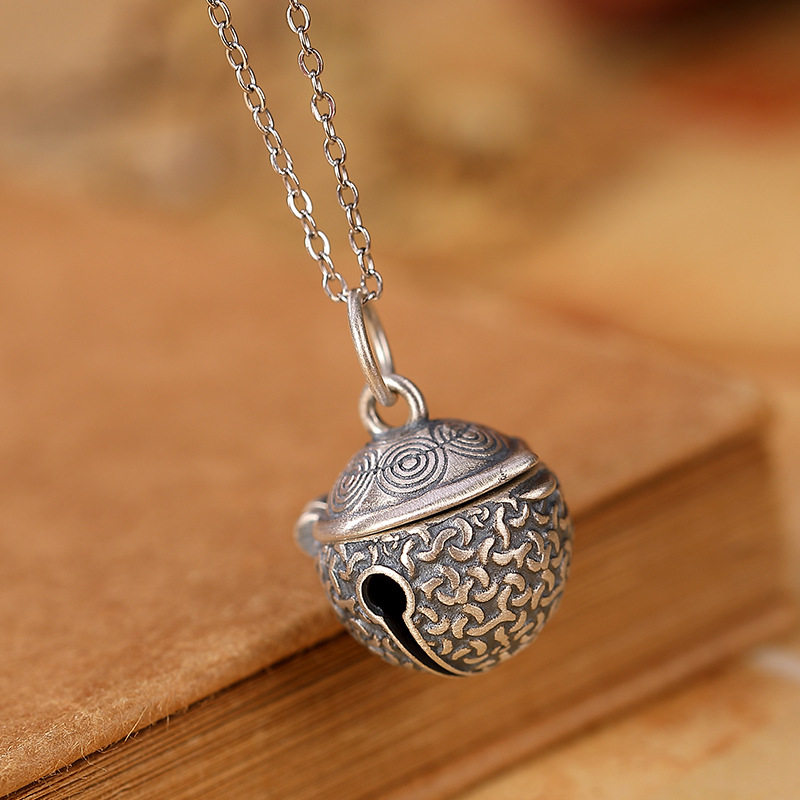 壹鹿银s925纯银做旧哑光个性铃铛吊坠复古螺旋花纹女款嘎乌盒挂坠