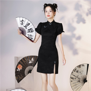 新中式国风改良旗袍黑色2023新款秋冬年轻款少女小个子短款连衣裙