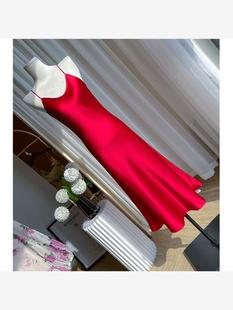 夏季醋酸缎面高级感设计炸街气质红色修身性感吊带连衣裙海边度假