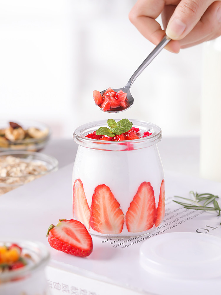 大口酸奶杯玻璃便携外带分装杯自制装酸奶的瓶子带盖耐高温布丁杯