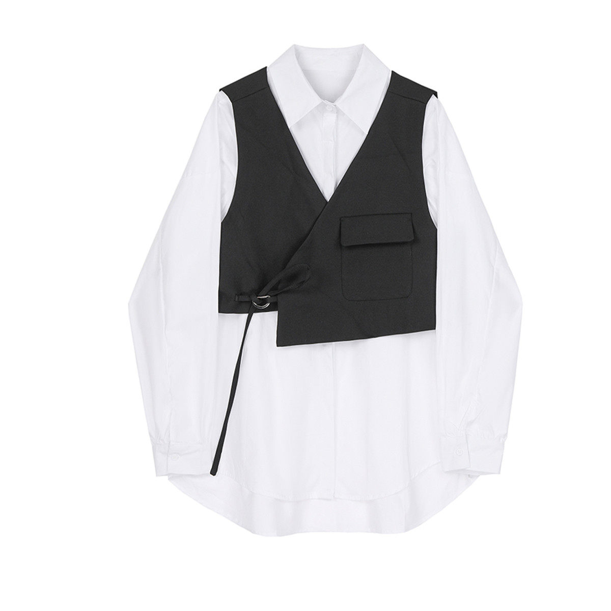 一折马甲衬衣春_2020早春新款气质白衬衫系带短款马甲休闲学院风两件