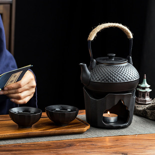 提梁壶陶瓷茶壶黑色粗陶围炉煮茶茶具可明火温茶炉干烧泡茶壶茶杯