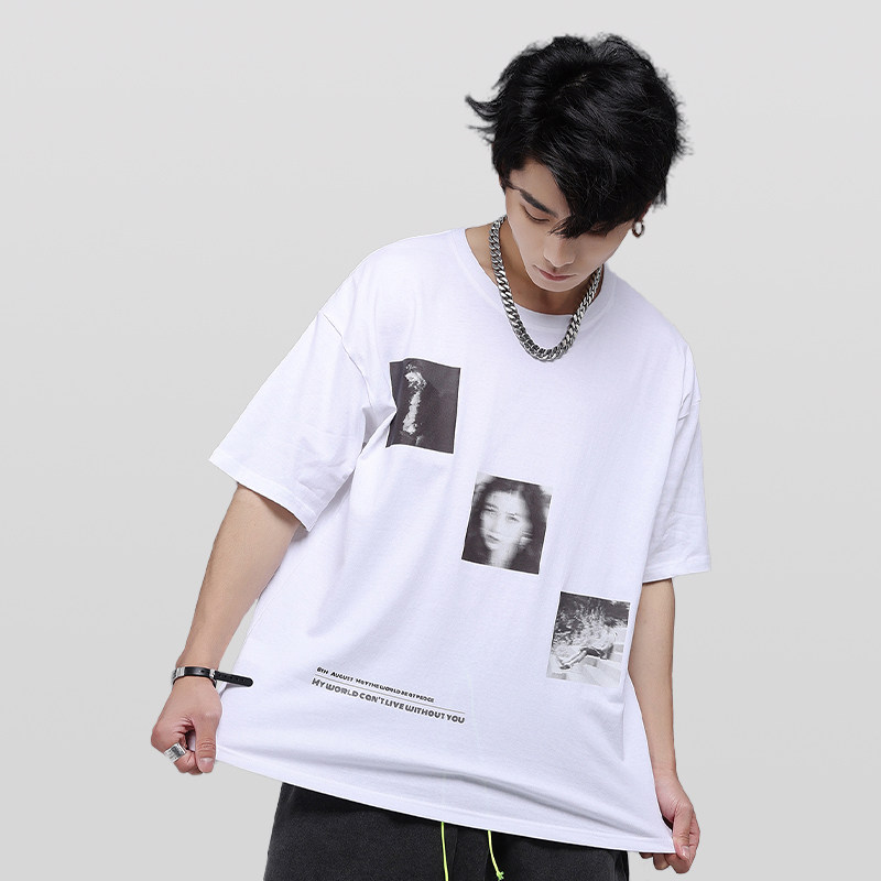 8thaugust白墨烫画圆领短袖男女国潮牌宽松复古休闲情侣印花t恤夏