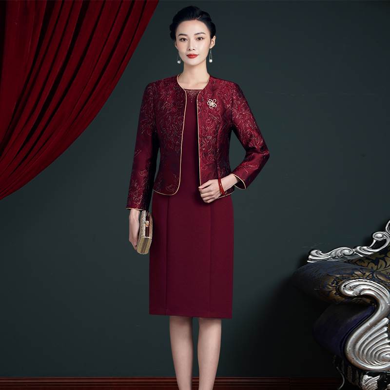 婚礼妈妈礼服两件套高贵春秋冬季中老年外套喜婆婆婚宴装连衣裙女