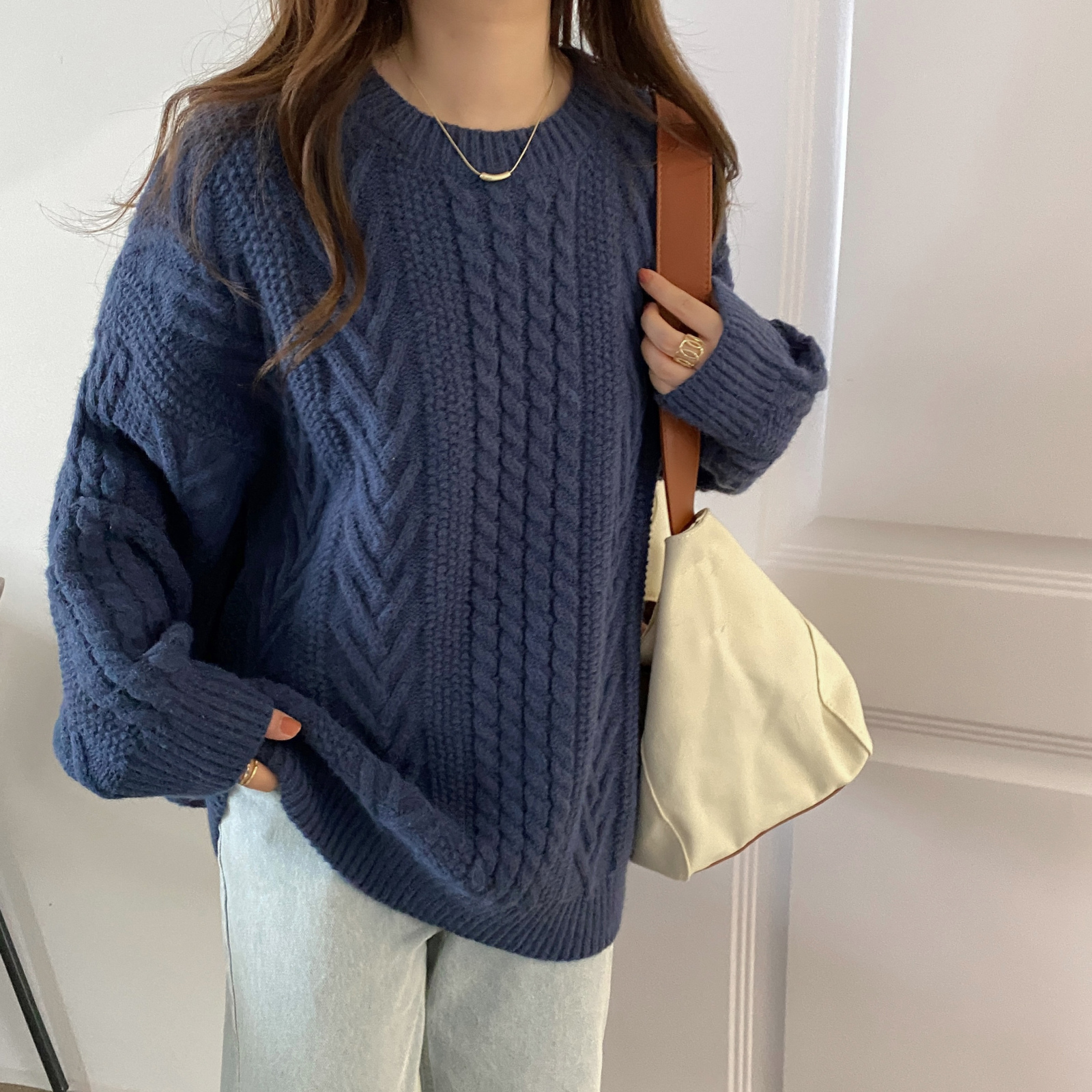 zy自制白色毛衣女秋冬加厚宽松外穿慵懒风圆领套头针织复古麻花