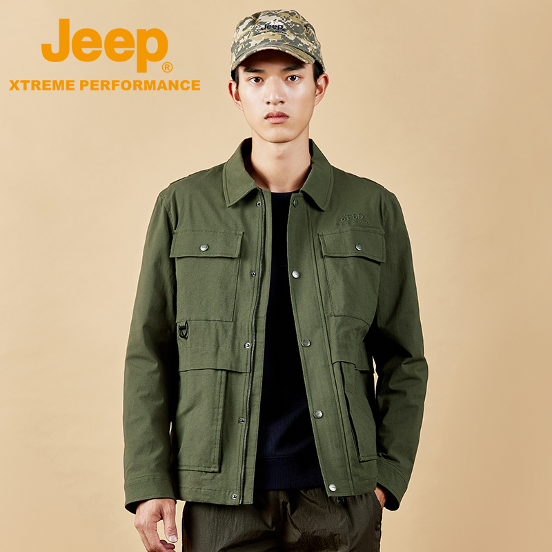【新品】Jeep户外休闲衣男春季长袖衬衫防风上衣工装翻领夹克外套