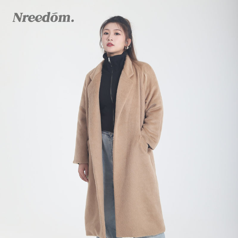 Nreedom2024胖mm秋季新款过膝大衣女宽松加厚赫兹毛呢外套中长款