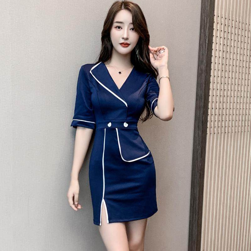 美容院养生馆女技师工作服显瘦桑拿足浴水疗气质连衣裙中袖工衣秋