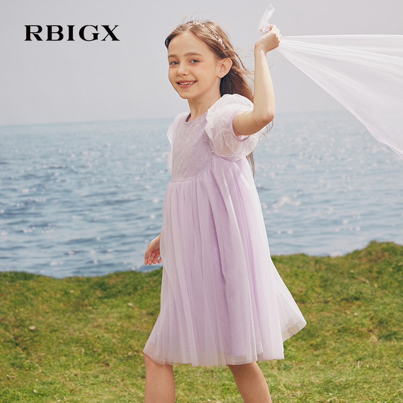 RBIGX夏季新款儿童演出礼服亮片网纱甜美公主裙高级感短袖连衣裙
