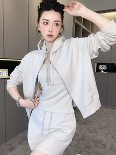 RR fashion 连帽外套背心高腰短裙亮钻套装三件套女2024夏季新款