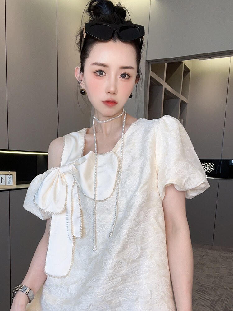 RR fashion 连衣裙女2024夏季新款重工刺绣暗花拼接蝴蝶结裙子