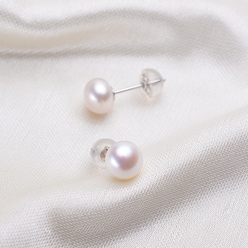 天然淡水珍珠耳钉S925纯银无暇正面高光面珠粉色 紫色 白色耳饰