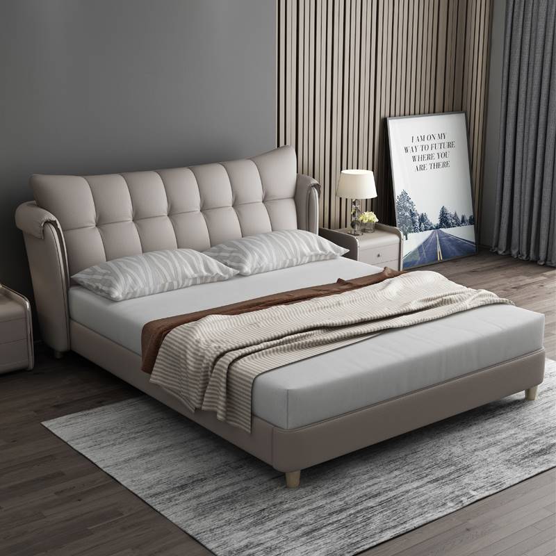 索菲亚现代简约真皮床双人床主卧室北欧轻奢婚床实木储物1.8米软