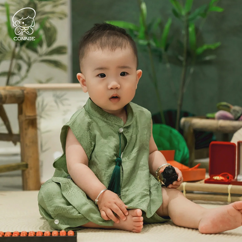 周岁礼服男宝中式婴儿唐装百岁宴中国风真丝绿色套装抓周衣服夏季