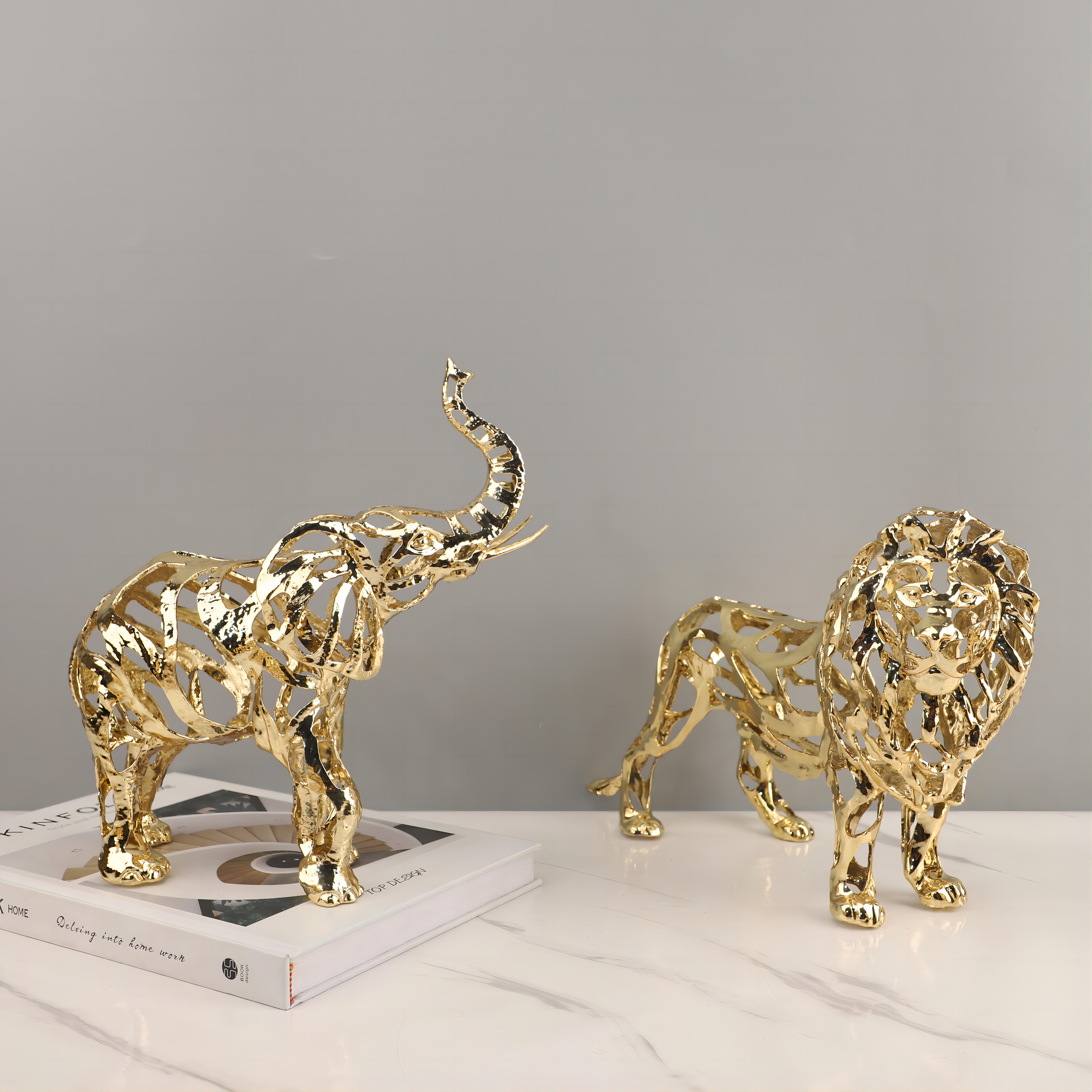 北欧金色镂空狮子马动物雕塑摆件客厅玄关展柜酒柜样板间家居装饰