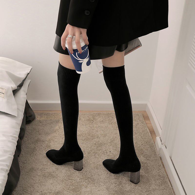 丝袜靴方头瘦瘦靴女长筒针织毛线弹力袜子靴粗跟高跟鞋过膝长靴子
