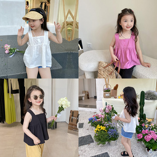艾摩贝贝中小女童韩版清爽吊带娃娃衬衫夏天纯色气质方领无袖上衣