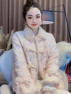 新中式女装花棉袄改良唐装上衣2023年冬季国风盘扣粉色羽绒棉服女