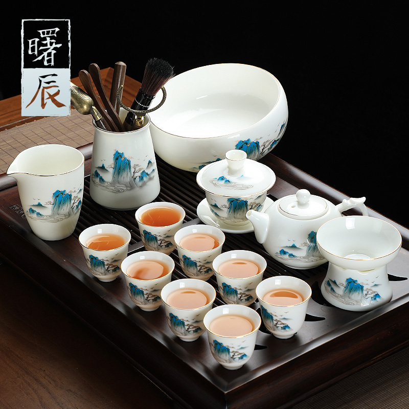 羊脂玉白瓷功夫茶具套装茶杯家用客厅复古高端泡茶壶陶瓷盖碗茶碗