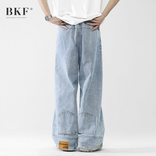 BKF高级感反穿倒装牛仔裤男夏季美式潮流vibe痞帅宽松直筒阔腿裤