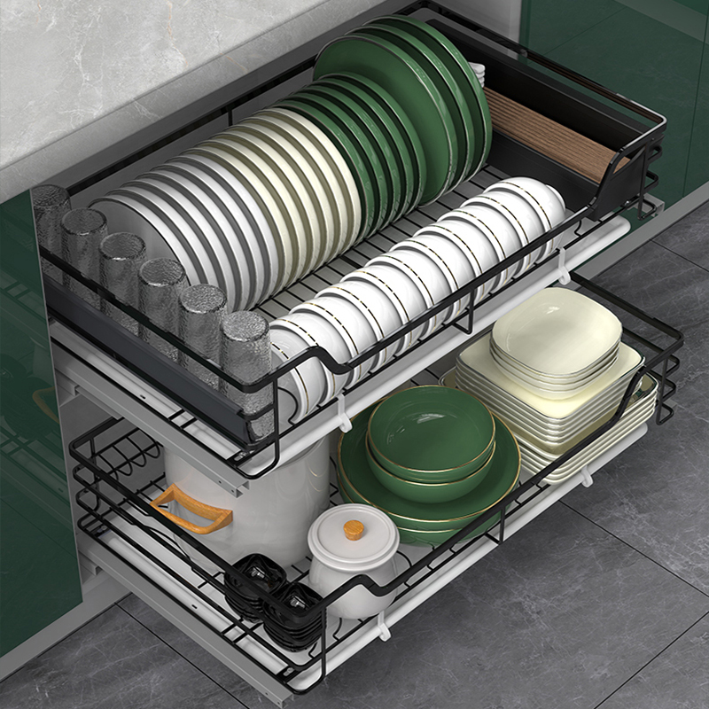 贵漠拉篮厨房橱柜双层碗碟柜内碗盘304不锈钢收纳碗架抽屉式碗篮