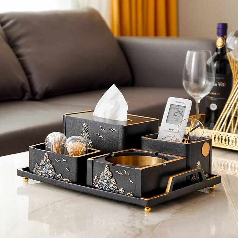新中式客厅茶几套装摆件创意桌面纸巾盒烟灰缸收纳家居装饰高级感
