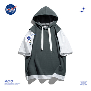 NASA联名假两件连帽短袖t恤夏季薄款潮牌卫衣休闲半袖体恤打底衫