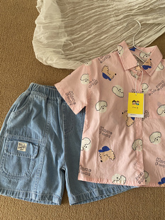 One豆男童夏季纯棉轻薄粉色卡通衬衫浅蓝牛仔短裤两件套装