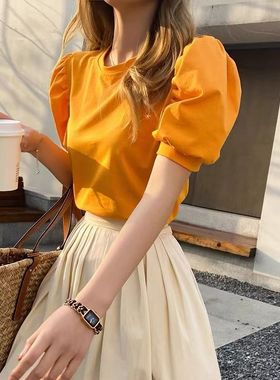 短款短袖t恤女夏高腰纯棉橙色橘色泡泡袖高级感法式别致独特上衣