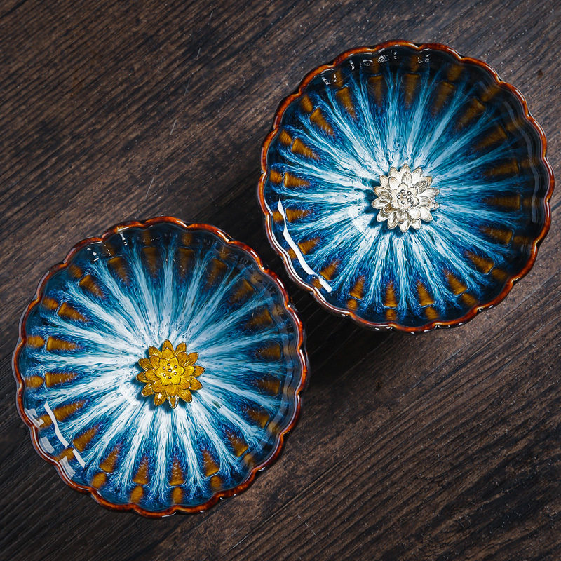 窑变七彩葵口天目银莲花建盏茶杯蓝色莲花主人杯陶瓷金莲茶盏抖音