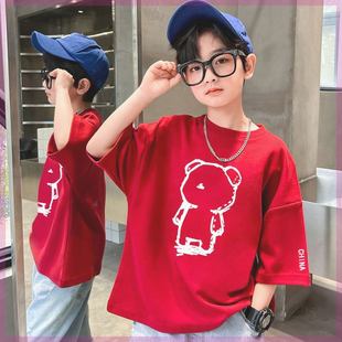 巴拉巴柆男童短袖红色t恤夏季2024新款宽松纯棉半袖中国红帅气儿