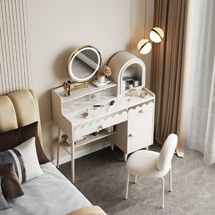 奶油风梳妆台现代卧室简约收纳柜可伸缩化妆台岩板书桌化妆桌一体