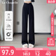 拉夏贝尔黑色西装裤女垂感2024新款夏季复古中国风显瘦窄版直筒裤