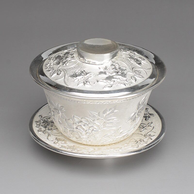 实用茶道金属器皿与文玩专场 【纯银 孤品】富贵花图案纯银盖碗 进入