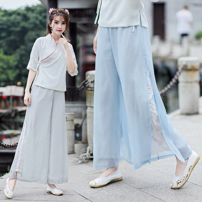 2020新款文艺复古中国风棉麻绣花改良直筒双层宋裤女