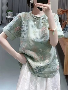 新中式重工刺绣盘扣衬衫女2024年春夏季新款短袖国风洋气绿色上衣