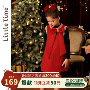 littletime儿童秋冬毛呢背心裙红色礼服裙年服女童小香风连衣裙