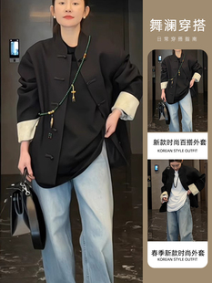 新中式唐装中国风女装黑色拼接外套2024早春新款复古设计小众上衣