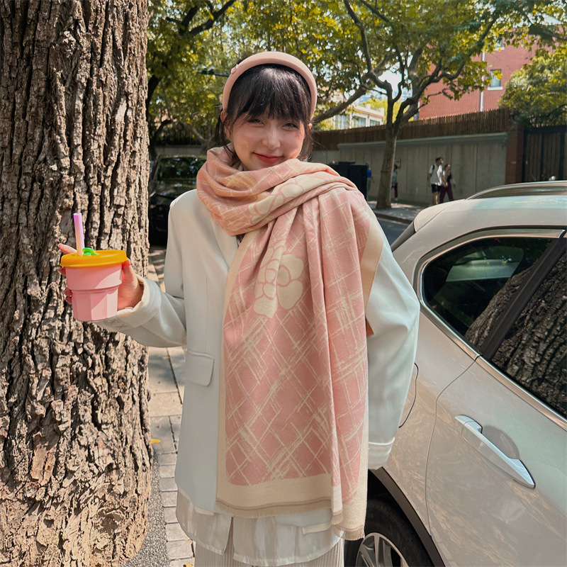 韩版100羊绒围巾女冬季高级感粉色山茶花加厚保暖双面围脖披肩潮