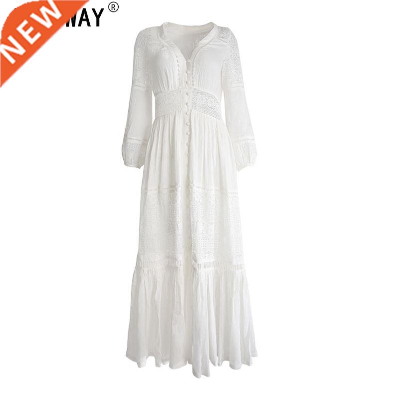 Vintage Chic Women White Beach Long Bohemian Maxi Dresses L