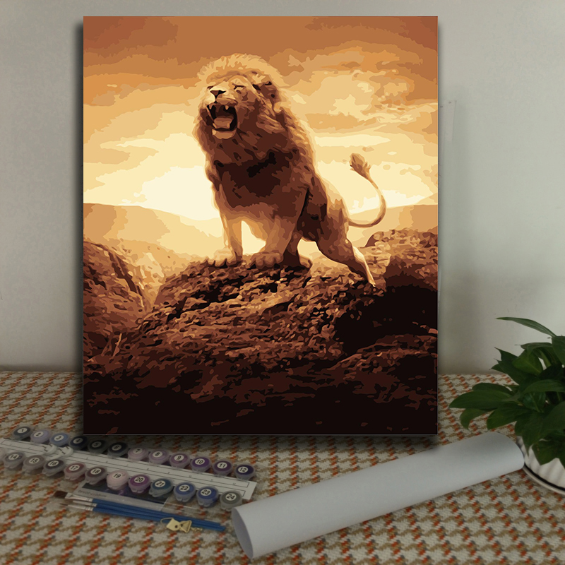 diy数字油画狮子金钱豹狮王手绘填色丙烯装饰画 动物系列王者风范