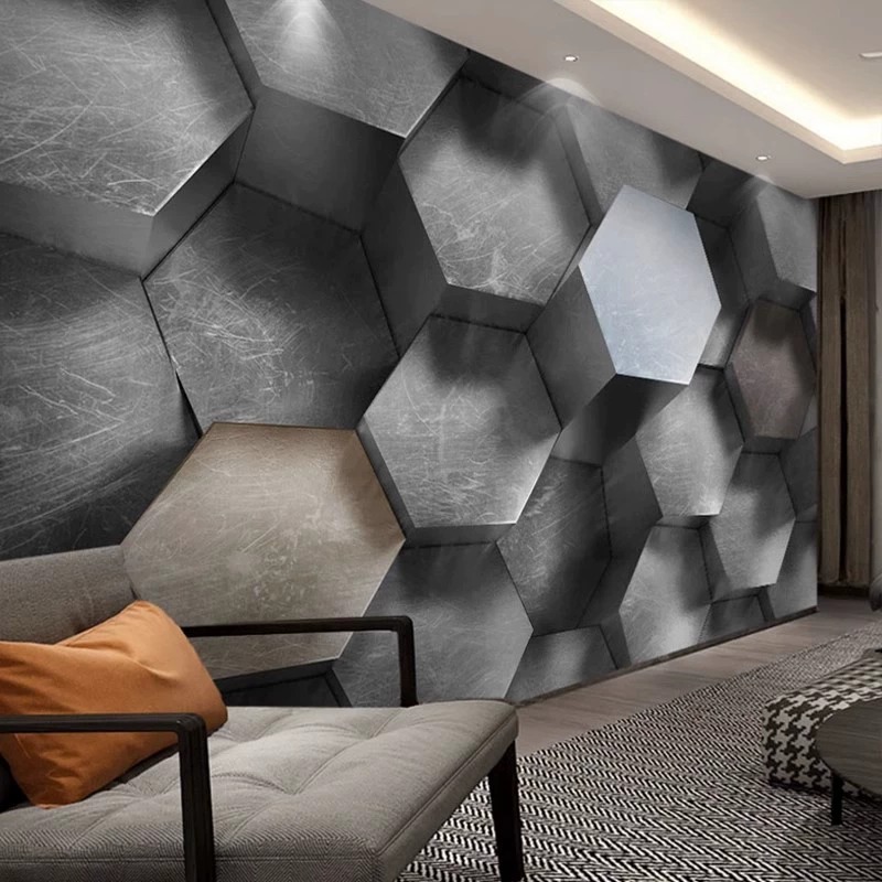 3D立体工业风水泥墙壁画凹凸视觉空间延伸几何墙壁纸餐厅酒店壁布