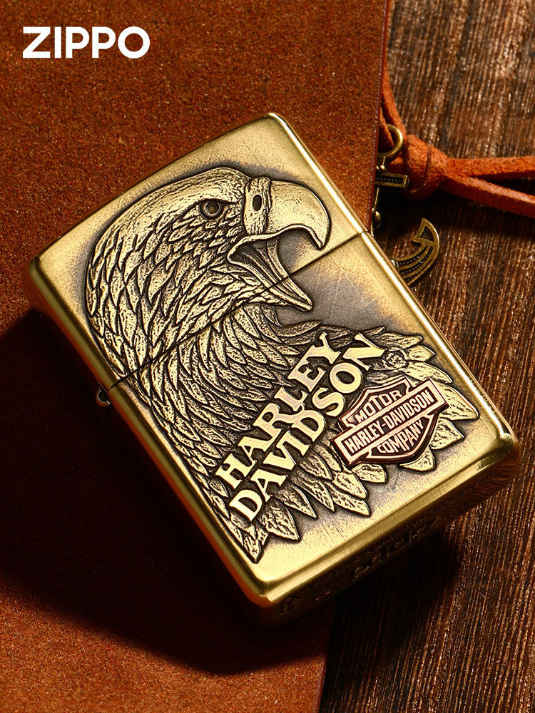 美国原装zippo打火机正版纯铜盔甲浮雕哈雷鹰首男士复古收藏zppo
